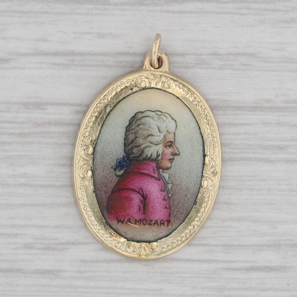 Gray Mozart Portrait Enamel Pendant 14k Yellow Gold Charm European Hallmarks