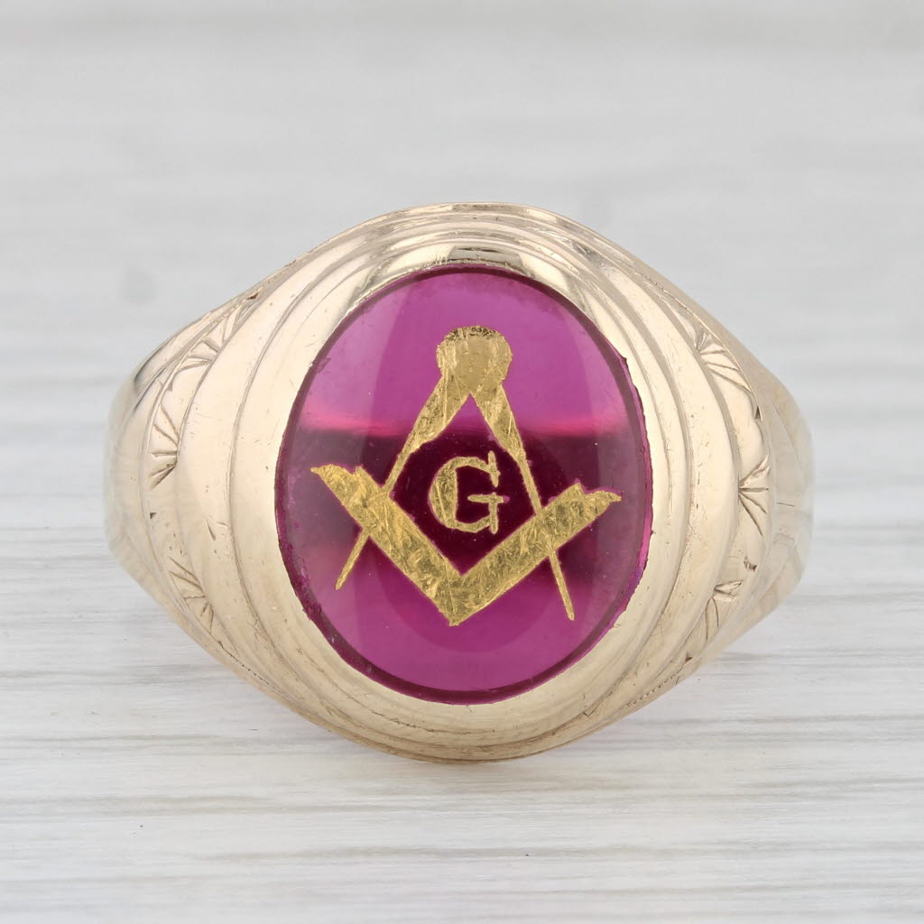 Light Gray Masonic Signet Ring Lab Created Ruby 10k Gold Blue Lodge Square Compass Sz 10.5