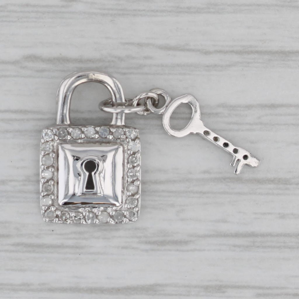 Gray 0.13ctw Diamond Pad Lock Skeleton Key Pendant 10k White Gold Charm