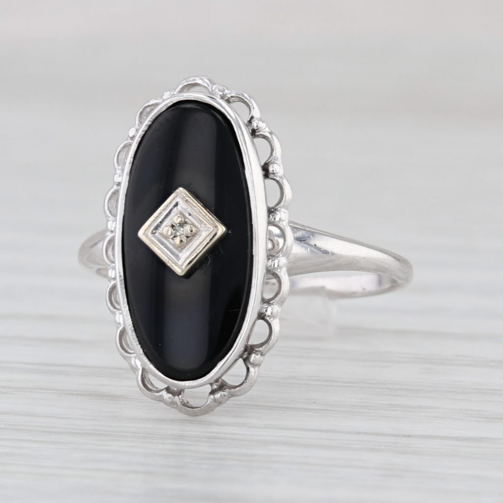 Vintage Onyx Diamond Signet Ring 10k White Gold Size 7