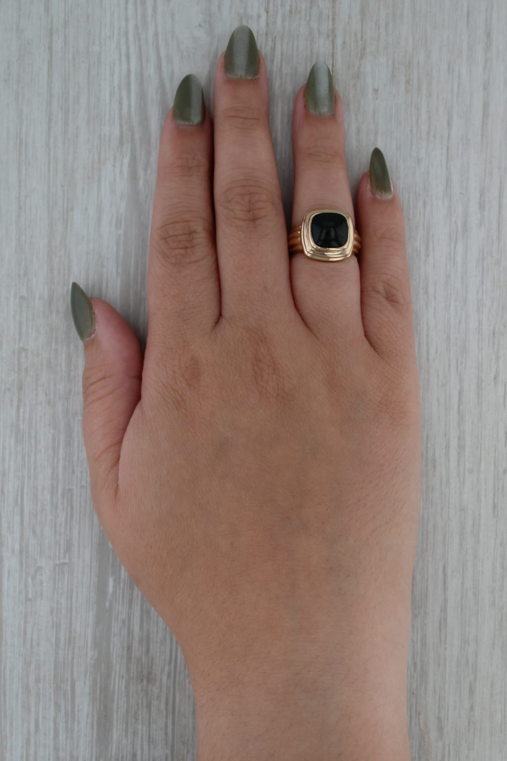Green Tourmaline Cushion Cabochon Ring 14k Yellow Gold Size 6 Solitaire