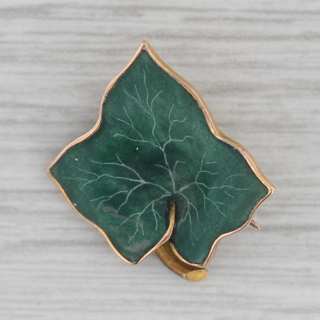 Gray Antique Green Leaf Pin 14k Yellow Gold Enamel Lapel