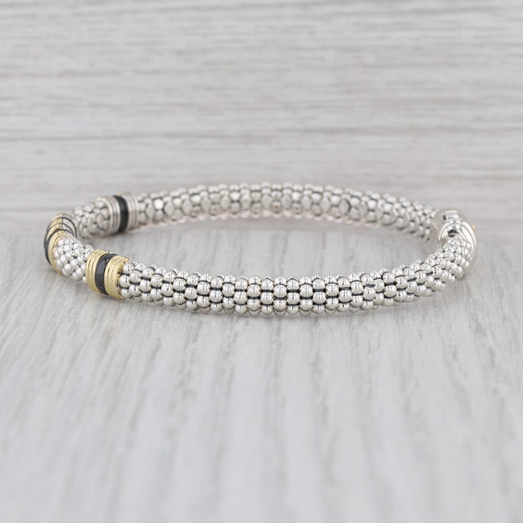 New Lagos Black Caviar Bracelet Sterling Silver 18k Gold Ceramic w/ Pouch 7.75"