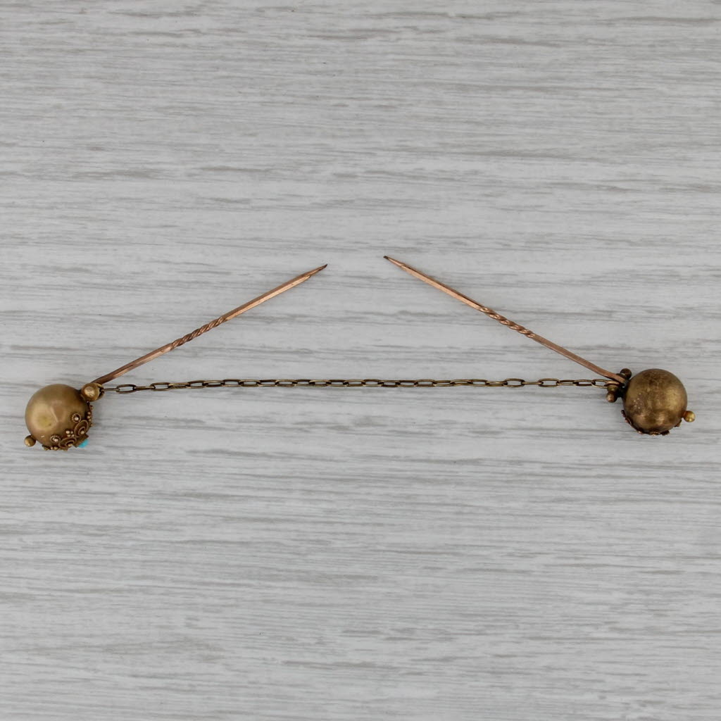 Victorian Sweater Hat Stickpins w/ Chain 7k-13k Gold Glass Ornate Antique Pins
