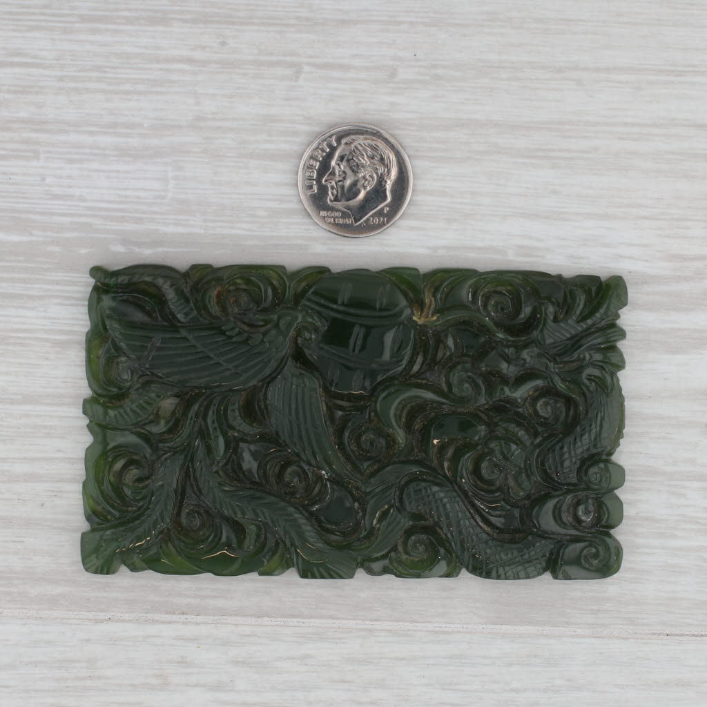 Dark Slate Gray Ornate Carved Nephrite Jade Chinese Dragon Phoenix w/ Paper Rectangle Plaque