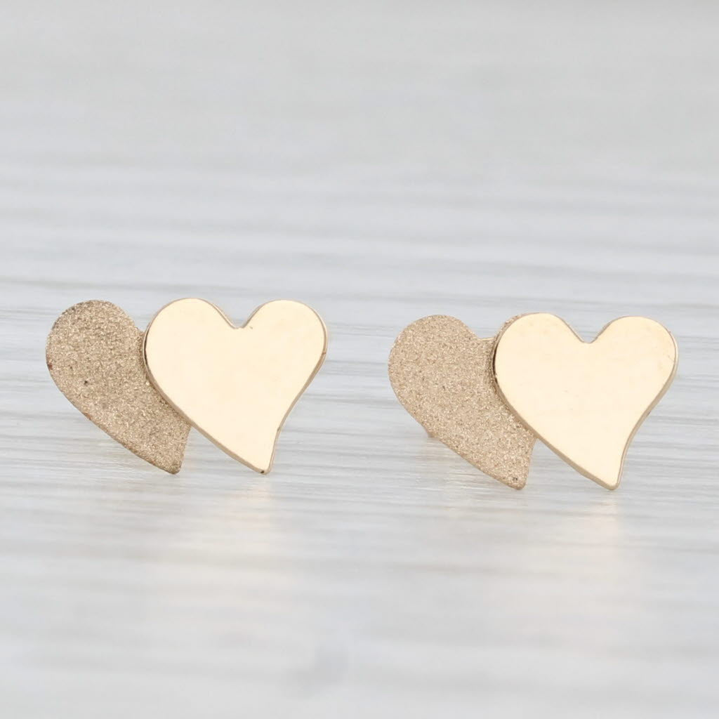 Light Gray Double Hearts Stud Earrings 14k Yellow Gold