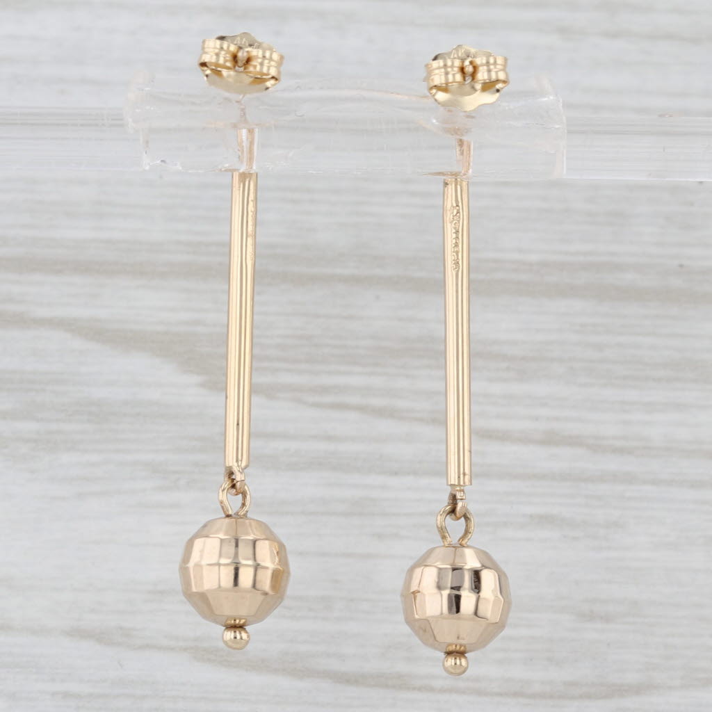 Disco Ball Bead Dangle Earrings 14k Yellow Gold Bar Drops