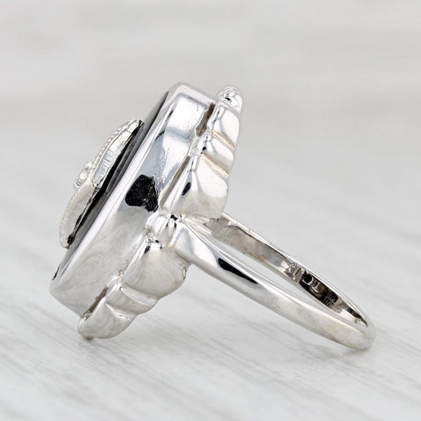 Light Gray Vintage Onyx Diamond Signet Ring 10k White Gold Size 2.25