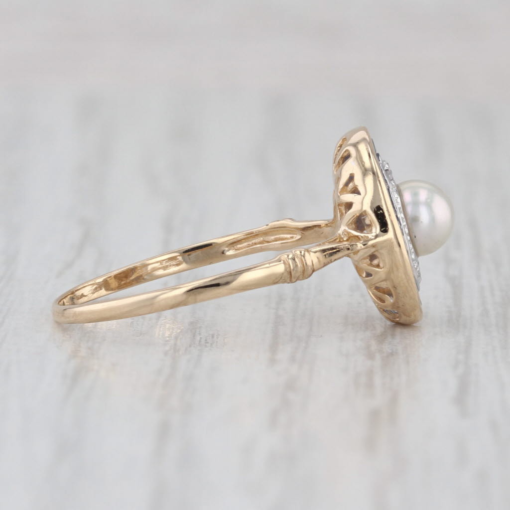 Vintage Cultured Pearl Sapphire Diamond Halo Ring 14k Yellow Gold Size 7.75