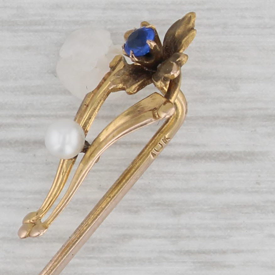 Gray Antique Lab Created Sapphire Pearl Flower Stickpin 10k Yellow Gold Floral