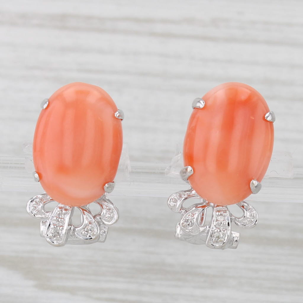 Light Gray Coral Cabochon Diamond Drop Earrings 14k White Gold Omega Backs