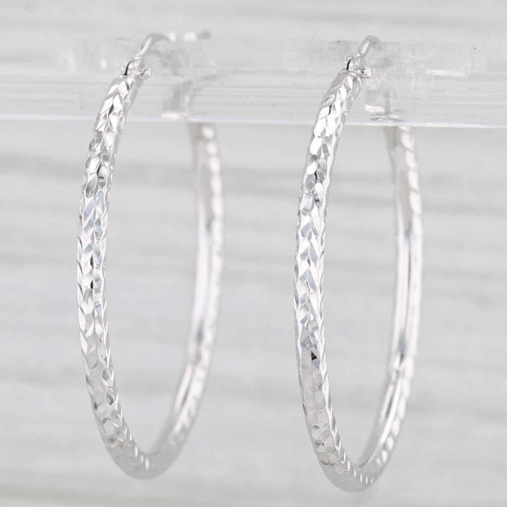 Light Gray New Textured 14k White Gold Snap Top Hoop Earrings