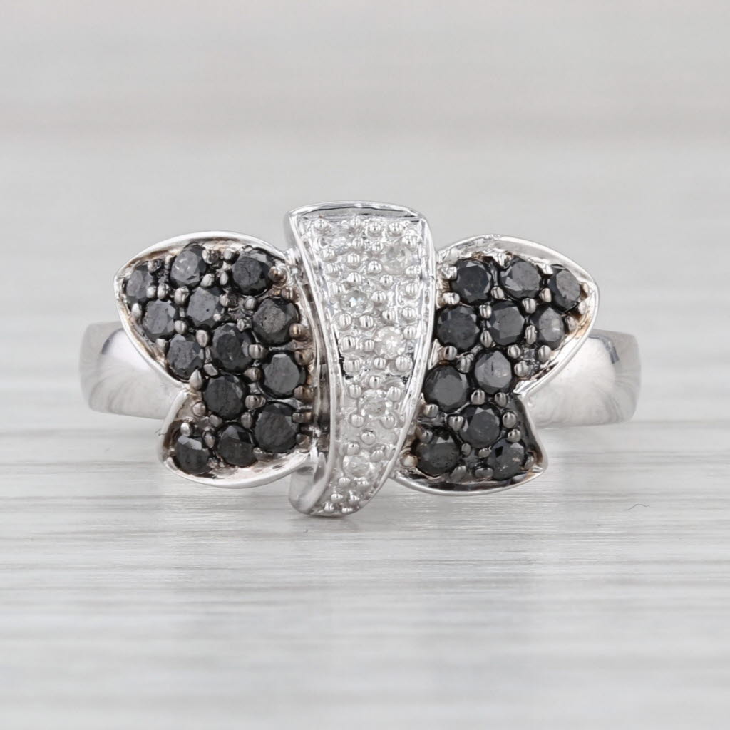 0.48ctw Black White Diamond Butterfly Ring 10k White Gold Size 7-7.25