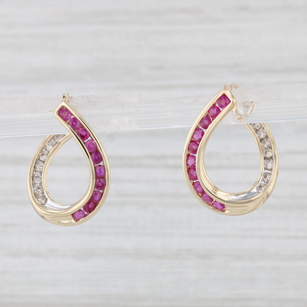 Light Gray 1.24ctw Ruby Diamond Hoop Earrings 14k Yellow Gold Snap Top Hoops