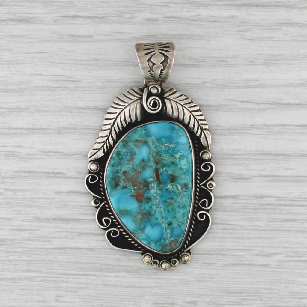 Turquoise Native American Feather Pendant Sterling Silver Signed Statement