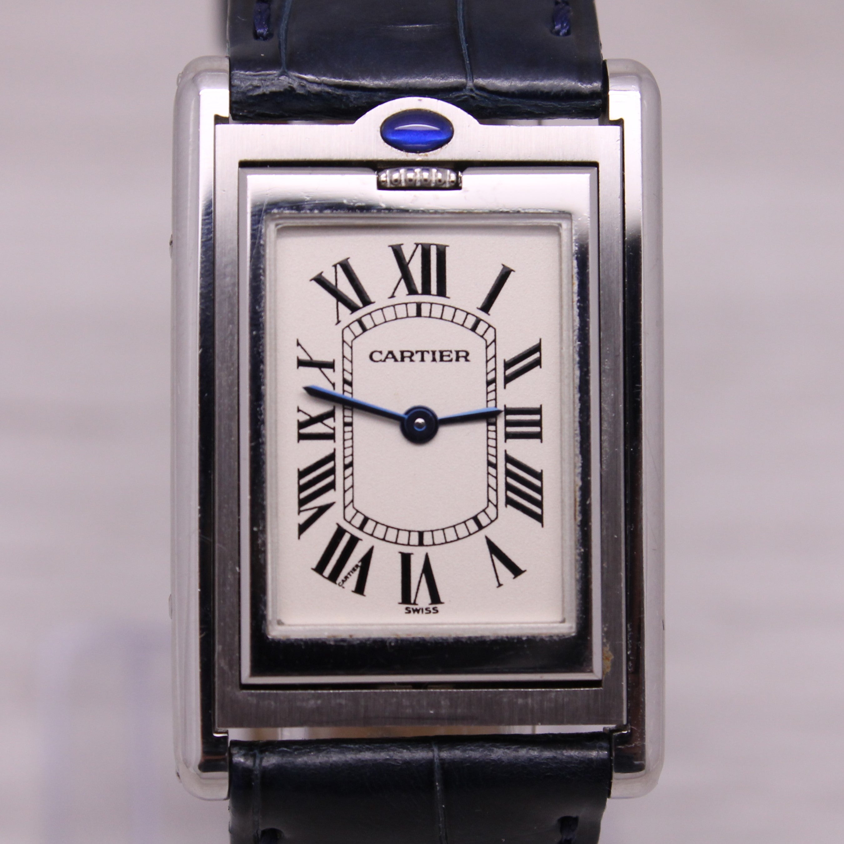 Gray Cartier Basculante ref.2405 Stainless Steel Quartz Watch Original Blue Strap Box