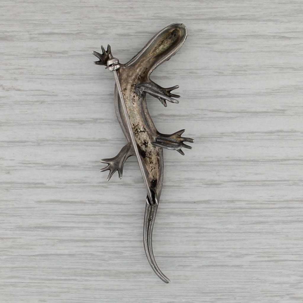 Salamander Lizard Brooch Sterling Silver Marcasite Glass Vintage Pin