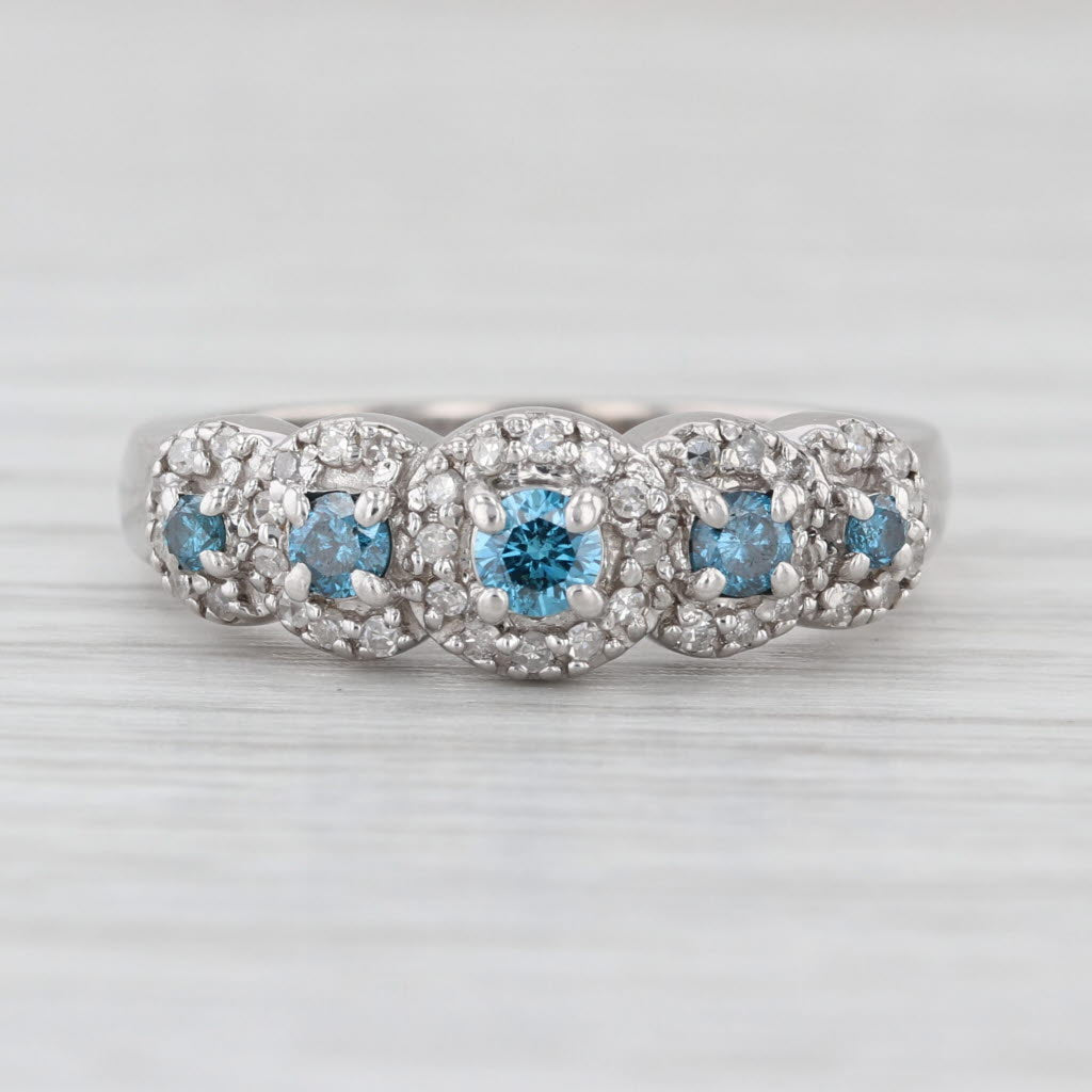 0.44ctw Tiered Blue White Diamond Halos Ring 14k White Gold Sz 6.75 Wedding Band