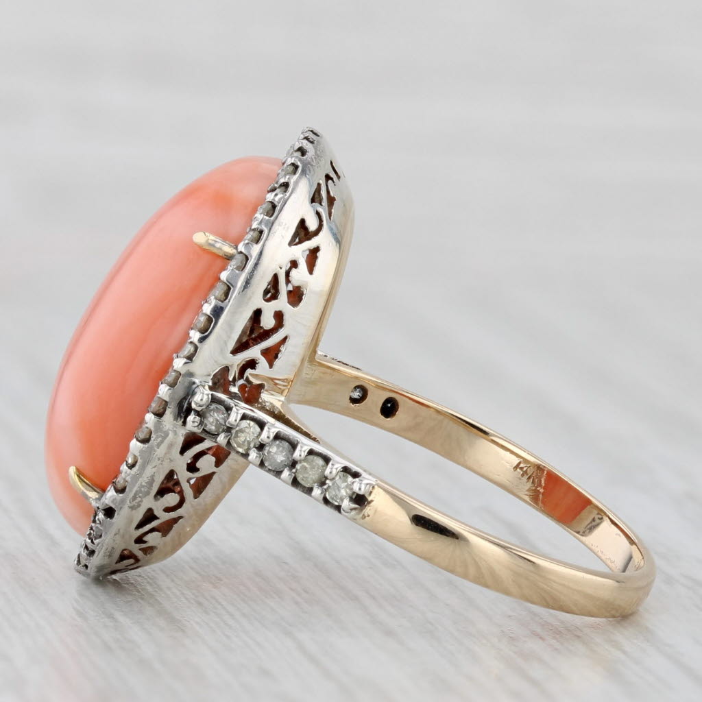 Light Gray Coral Cabochon Diamond Halo Ring 14k Yellow Gold Silver Size 8
