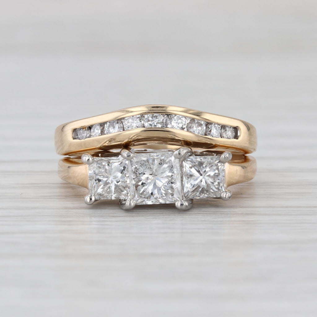 1.86ctw Diamond 3-Stone Engagement Ring Wedding Band Bridal Set 14k Yellow Gold