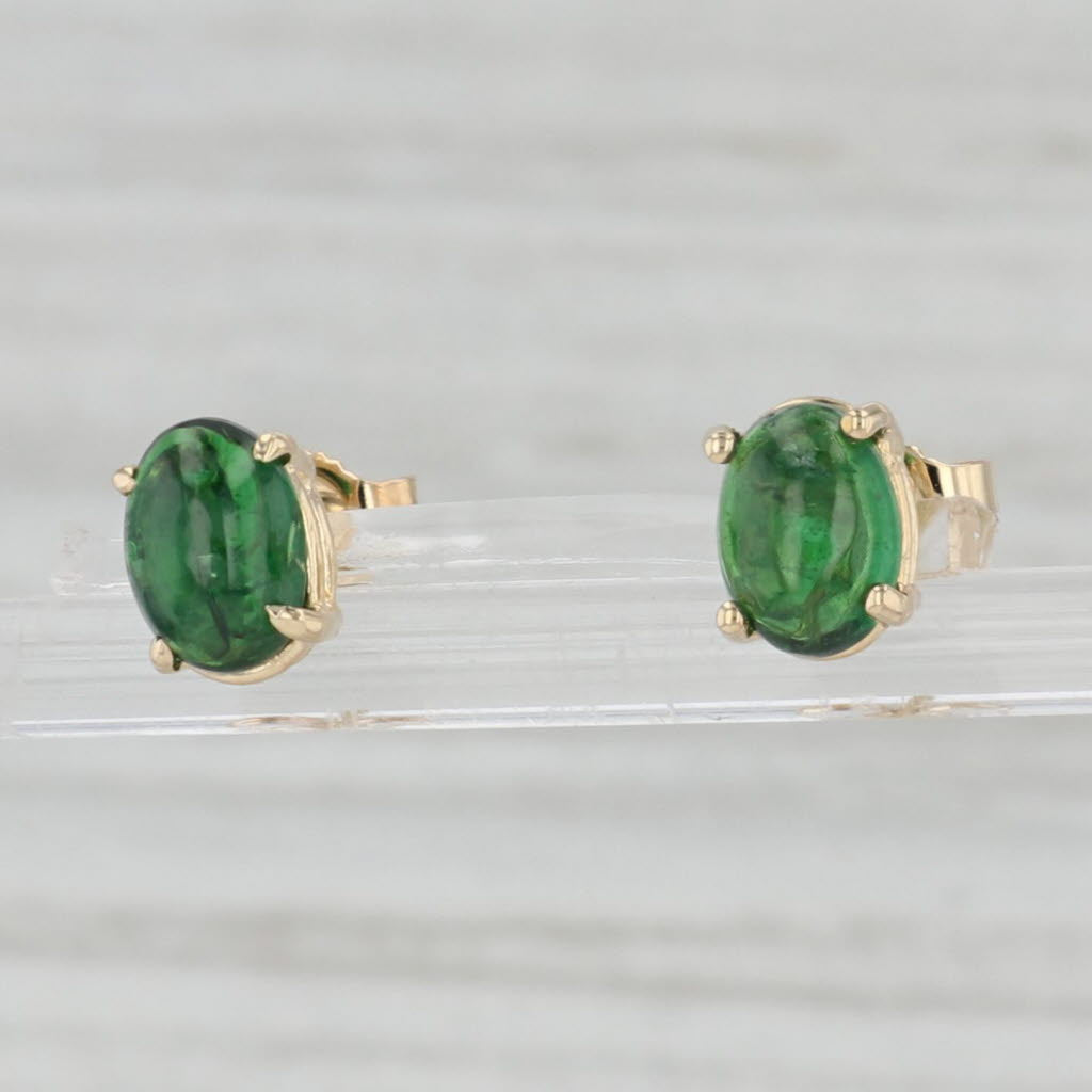 Light Gray Green Tsavorite Garnet Stud Earrings 14k Yellow Gold Oval Cabochon Studs