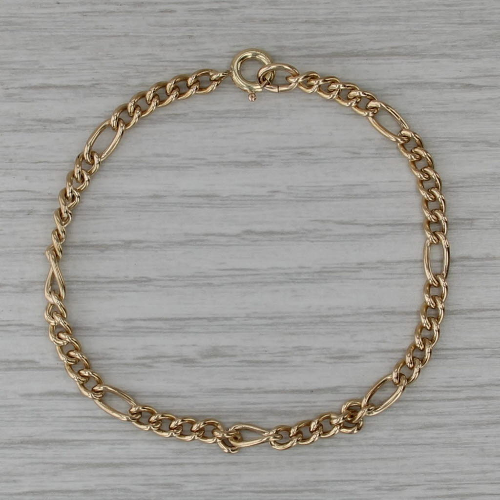 Vintage Figaro Chain Bracelet 12k Gold Filled Starter Charm 7" 3.6mm