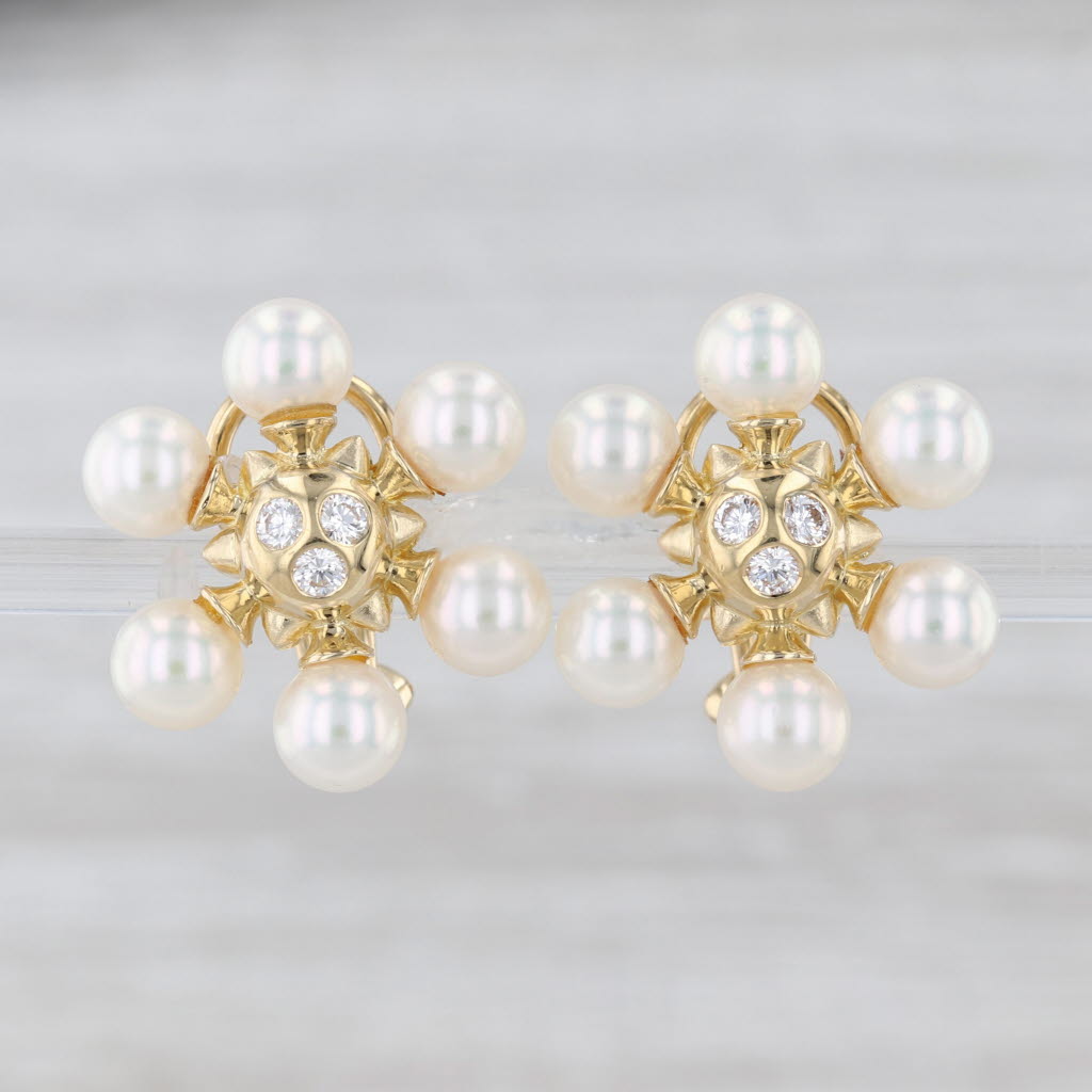Cultured Pearl 0.24ctw Diamond Drop Earrings 18k Yellow Gold Omega Backs