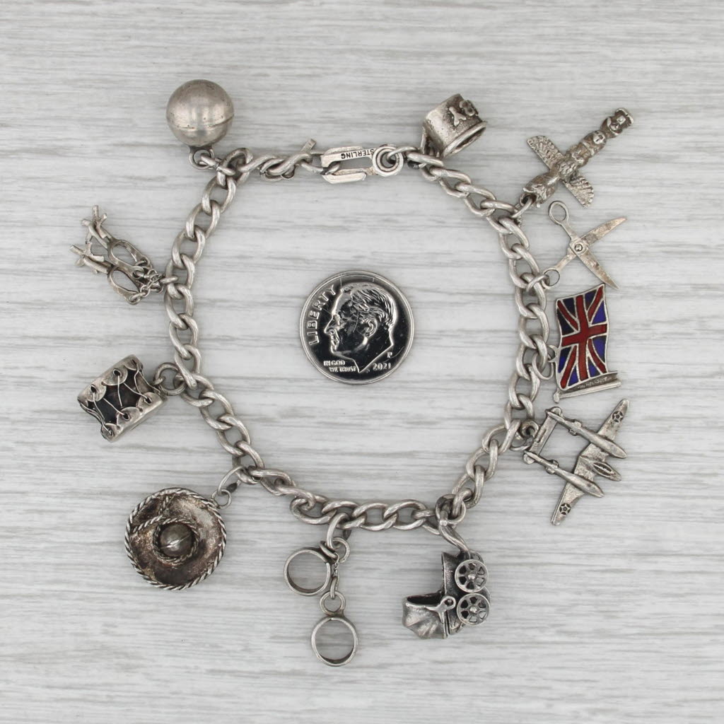 Vintage Souvenir Charm Bracelet Sterling Silver Traval British Baby Plane Drum