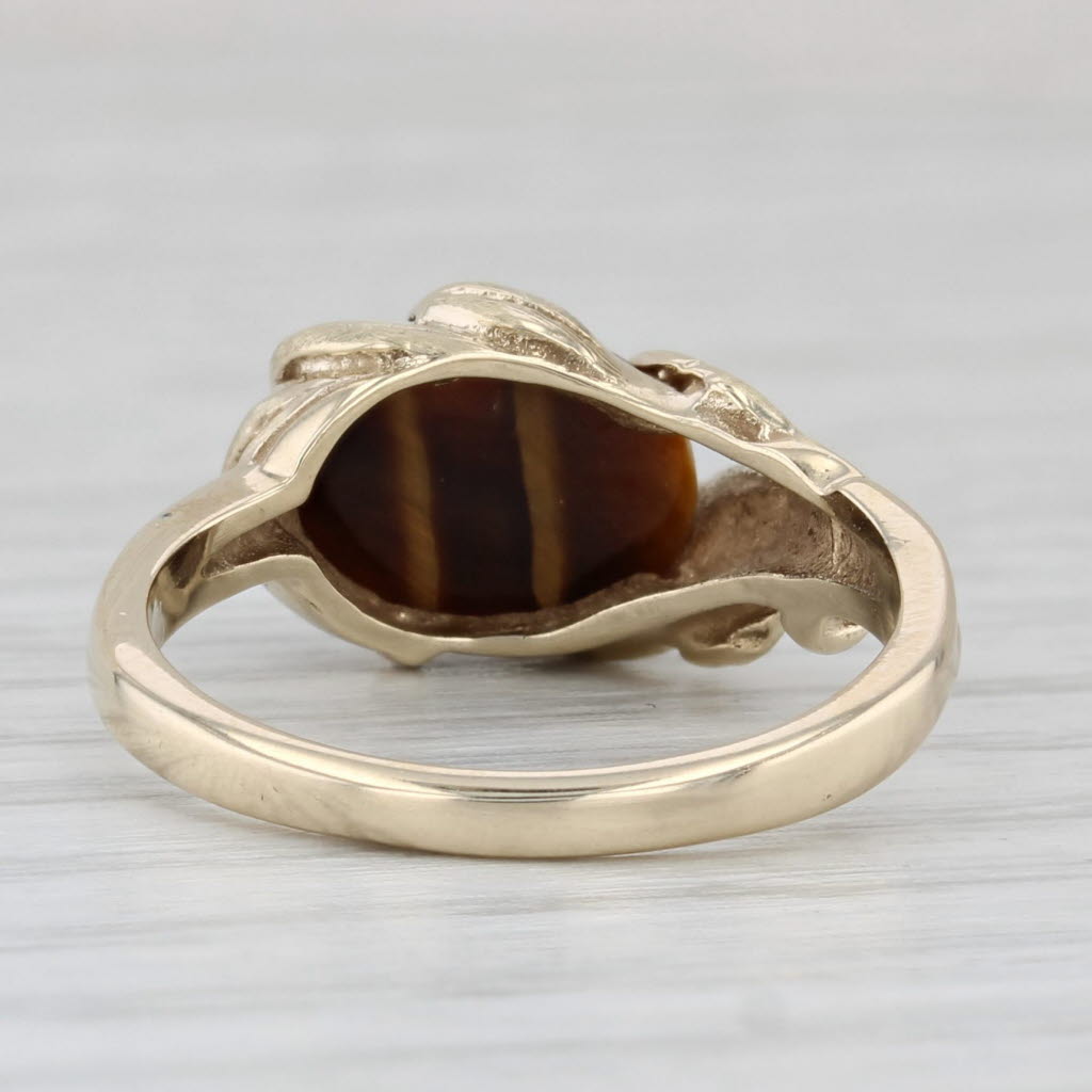 Light Gray Tiger's Eye Leaf Ring 10k Yellow Gold Size 6.25 Oval Cabochon