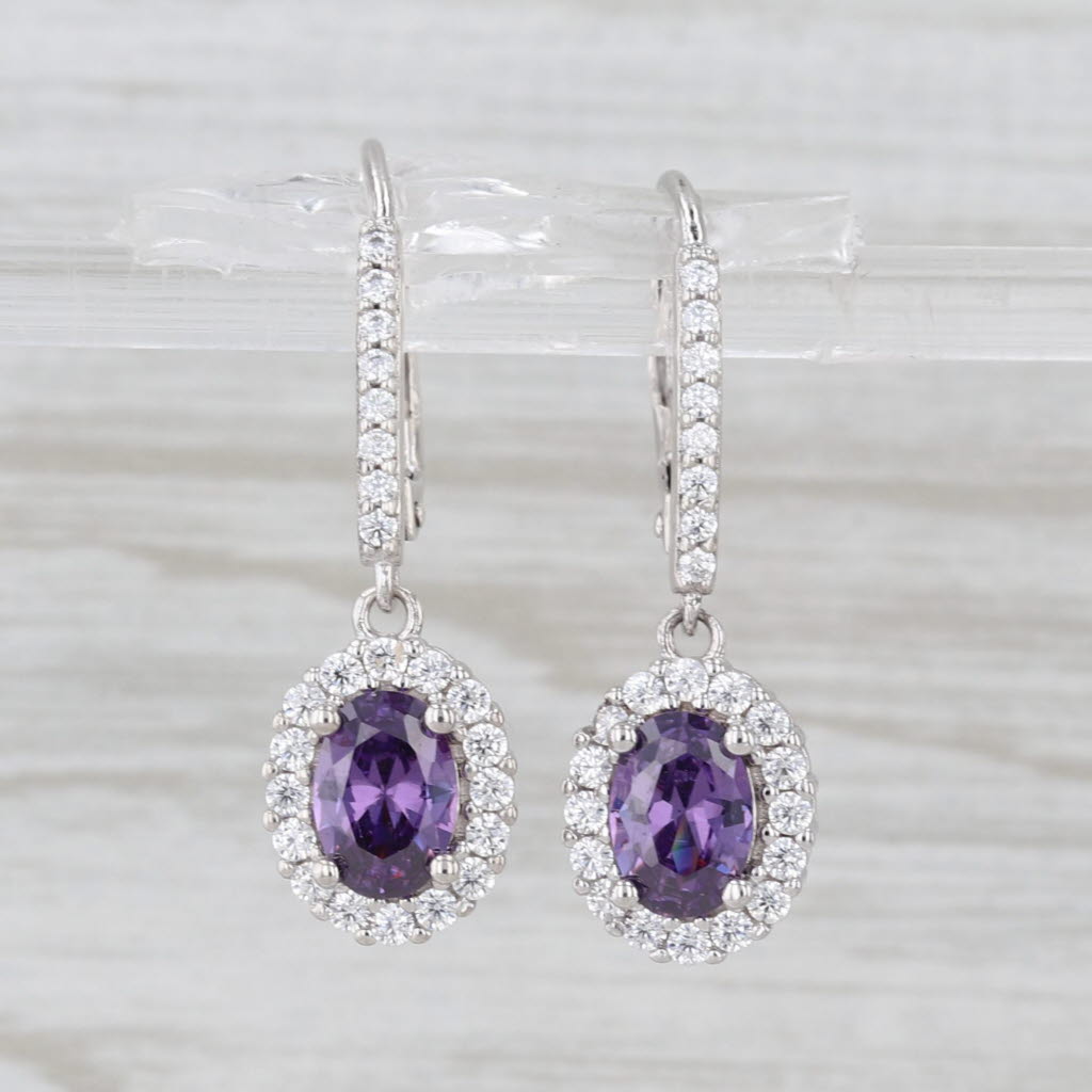 3.70ctw Purple White Cubic Zirconia Halo Dangle Earrings Sterling Silver