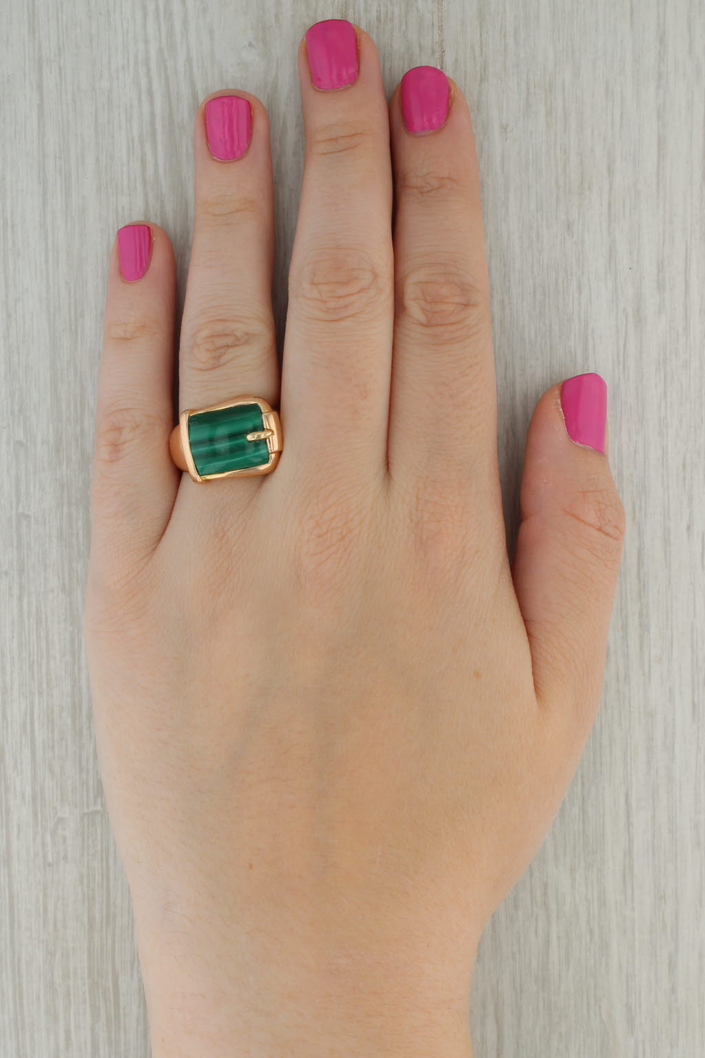 Rosy Brown Vintage Green Malachite Belt Buckle Ring 14k Rose Gold Size 8.25