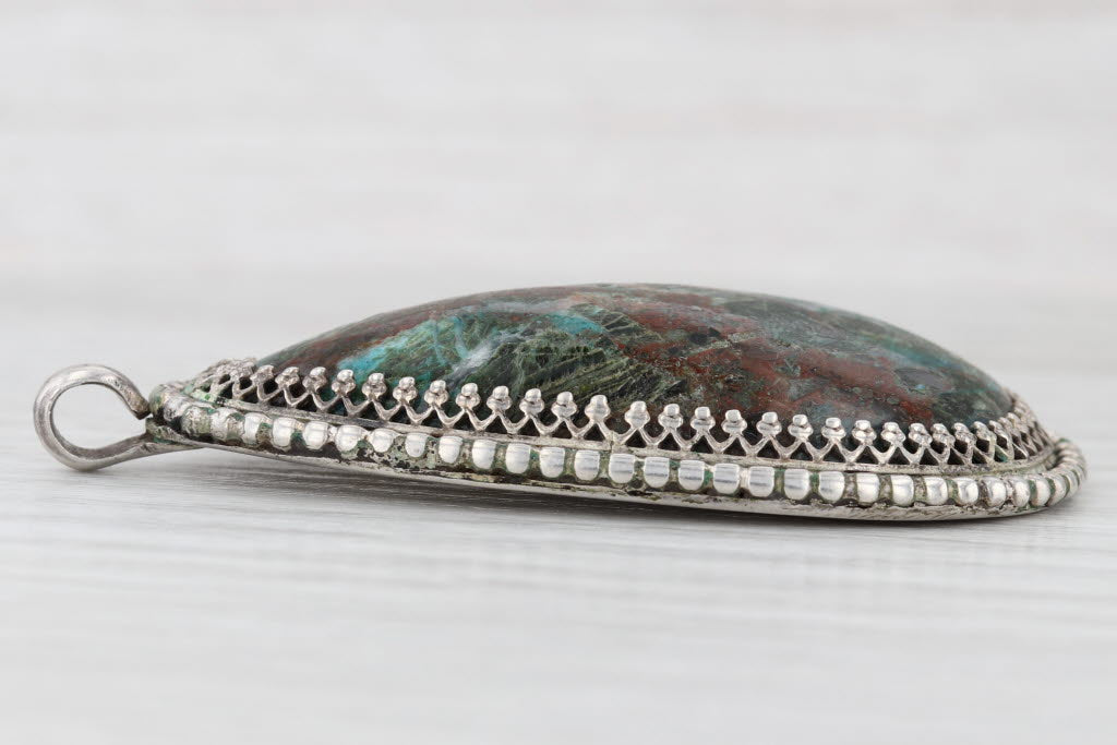 Light Gray Vintage Native American Marbled Multi-Stone Cabochon Pendant Sterling Silver