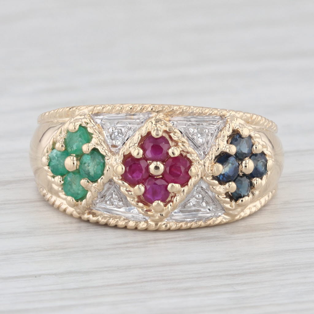 Light Gray 0.24 ctw Diamond Ruby Emerald Sapphire Flower 10K Yellow Gold Size 7.25 Ring