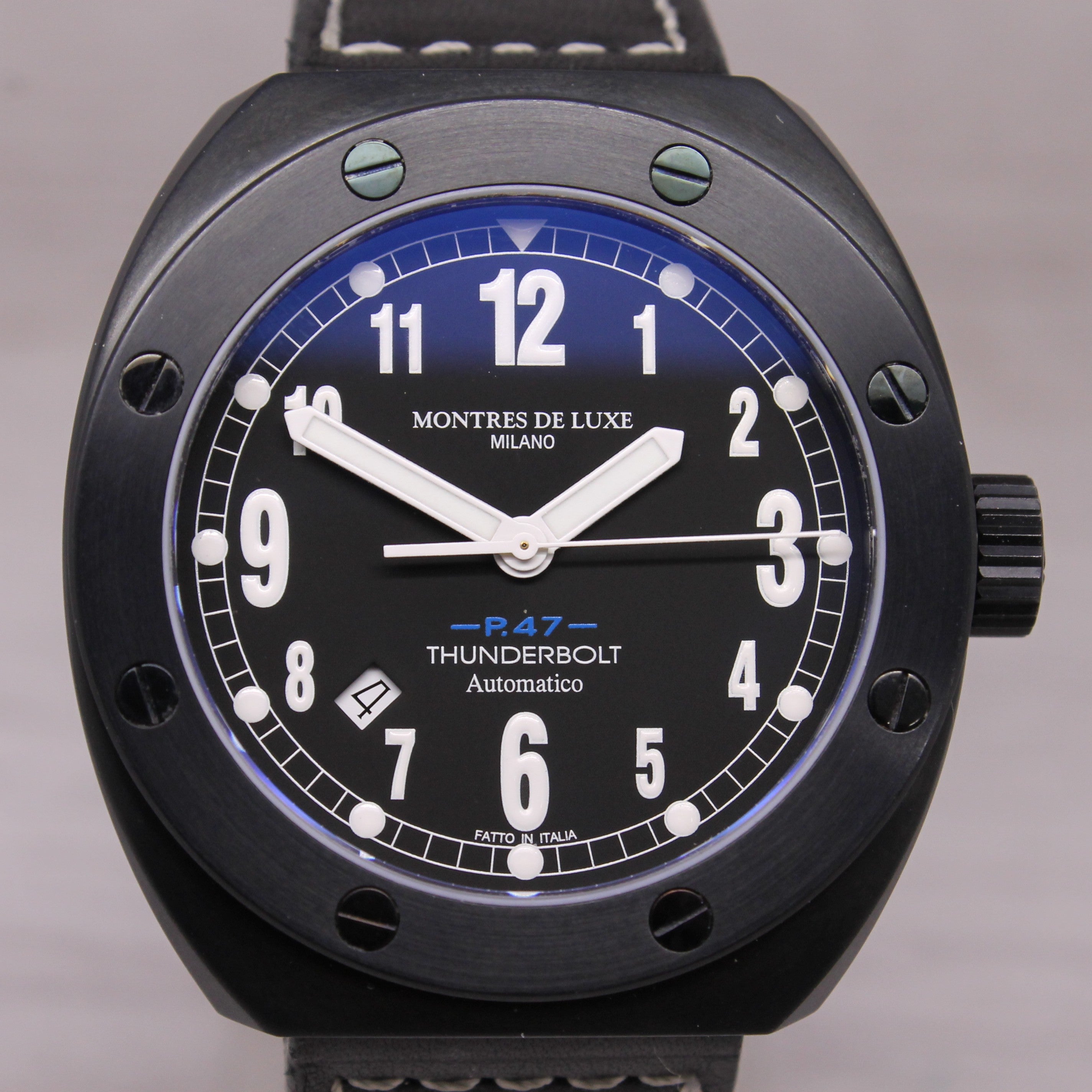 Montres Milano P47 Thunderbolt 43mm Black PVD Steel Automatic Watch w Box Italy