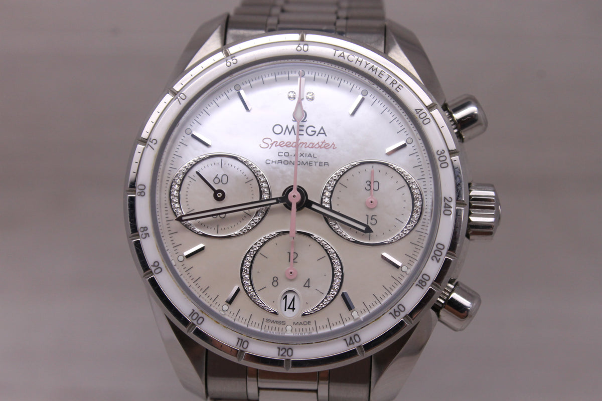 Omega Speedmaster 38mm Automatic Chronograph Watch Pink MOP Diamond Box Cards