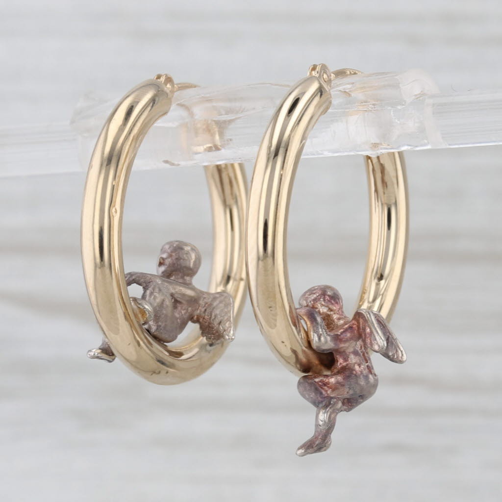 Cherub Hoop Earrings 14k Gold Sterling Silver Snap Top Round Hoops