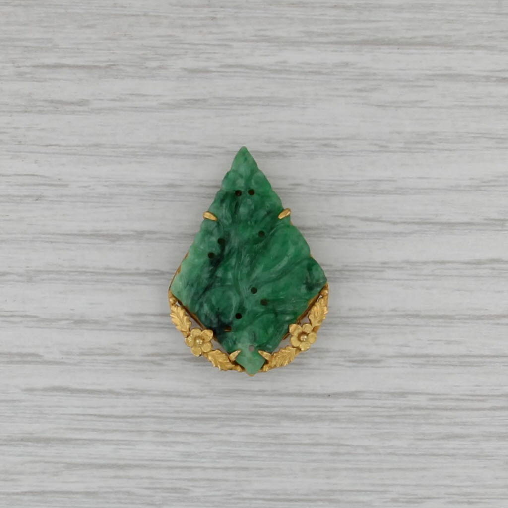 Antique Green Floral Carved Jadeite Jade Pendant Brooch 14k Gold Clip Back