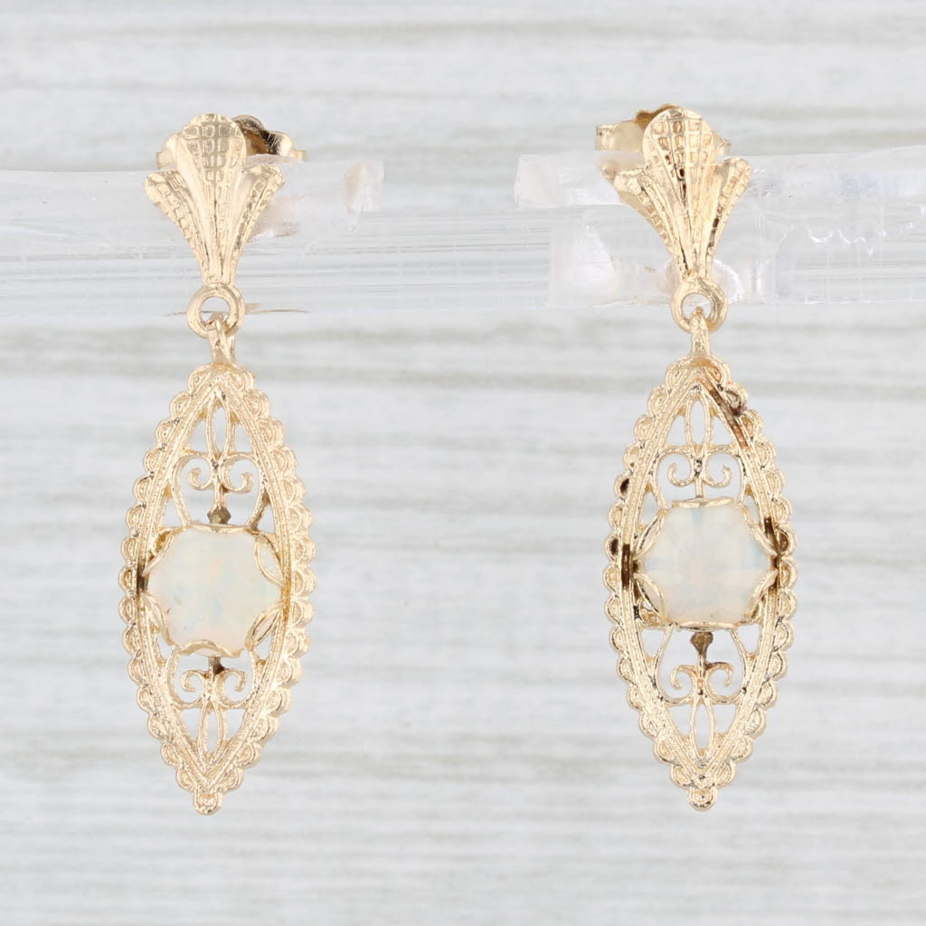 Light Gray Opal Filigree Dangle Earrings 14k Yellow Gold Pierced Drops