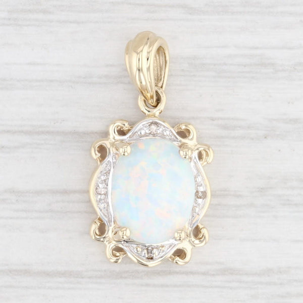Antique White Lab Created Opal Diamond Drop Pendant 10k Yellow Gold Oval Cabochon