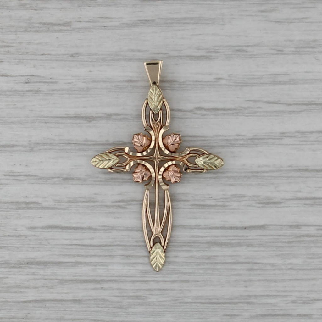 Floral Cross Pendant 10k Yellow Rose Green Black Hills Gold Coleman Co