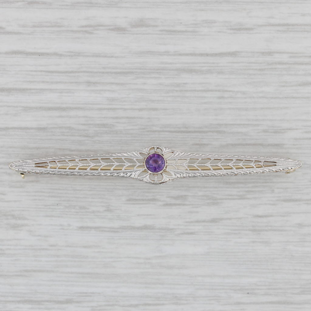 Gray 0.20ct Amethyst Solitaire Art Déco Vintage Bar Brooch 14k Gold Platinum Pin