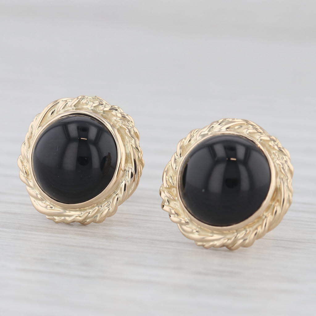 Light Gray Round Cabochon Black Onyx Stud Earrings 14k Yellow Gold