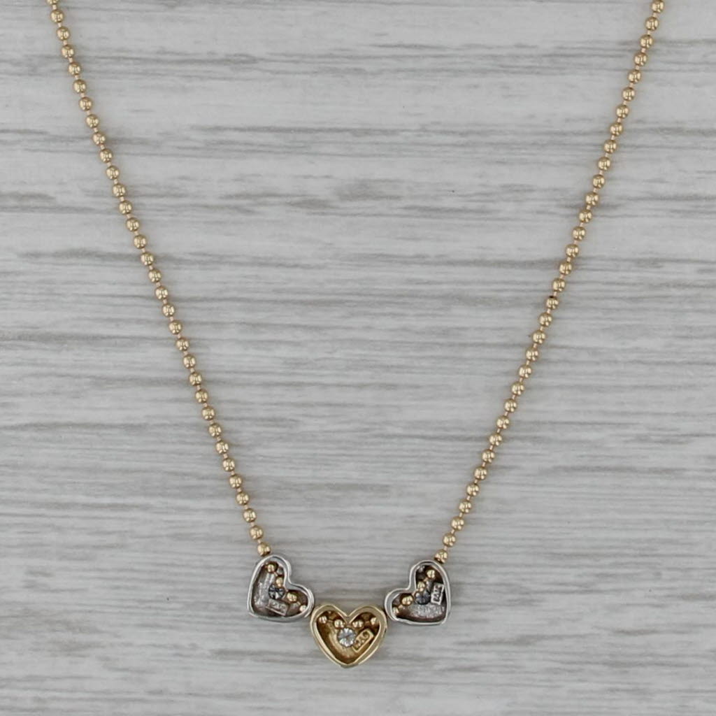 Small Diamond Hearts Pendant Bead Chain Necklace 14k Yellow White Gold 18"