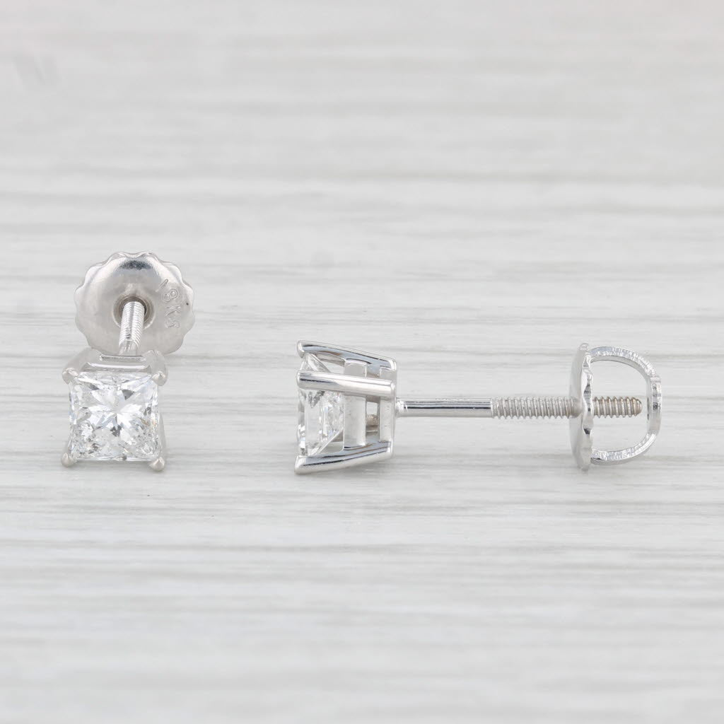 Light Gray 0.86ctw Princess Diamond Stud Earrings 18k White Gold Screw Back Pierced IGI