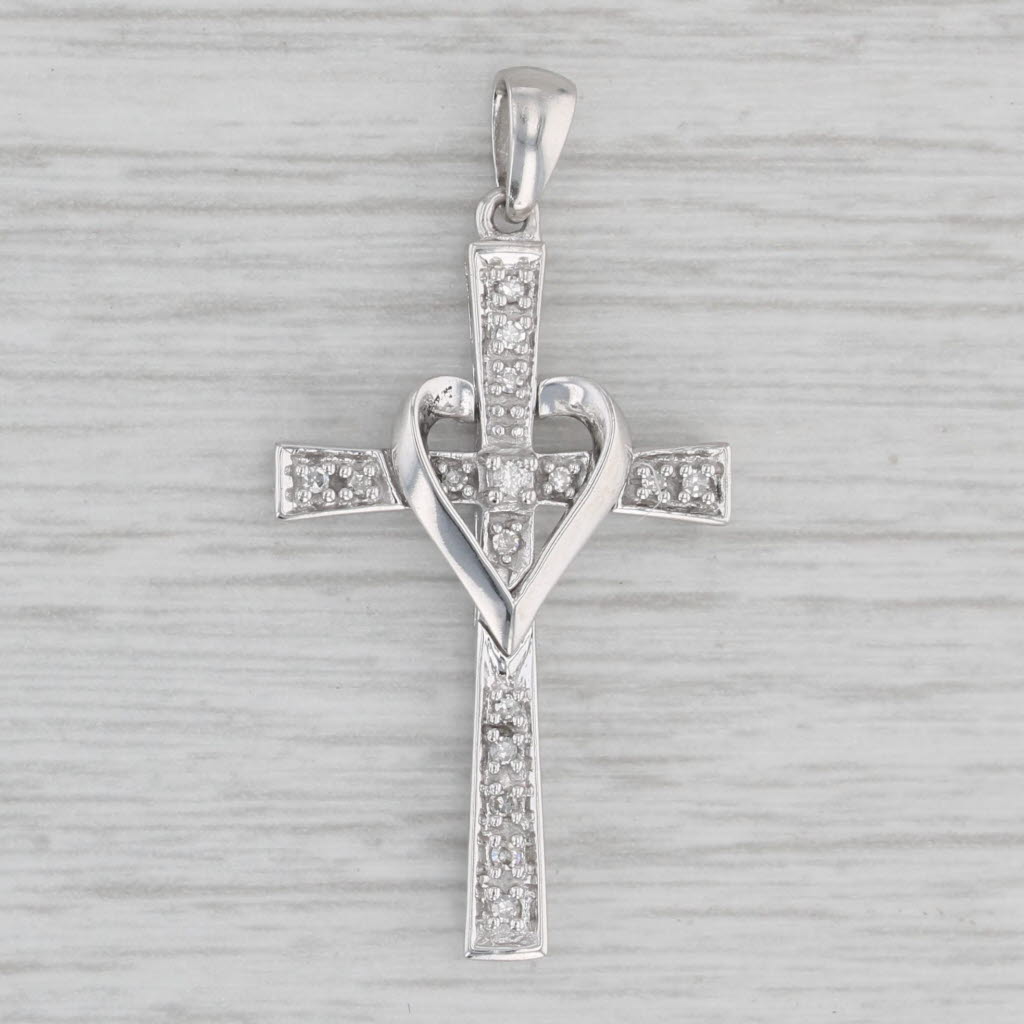 Gray Diamond Heart Cross Pendant 10k White Gold Religious