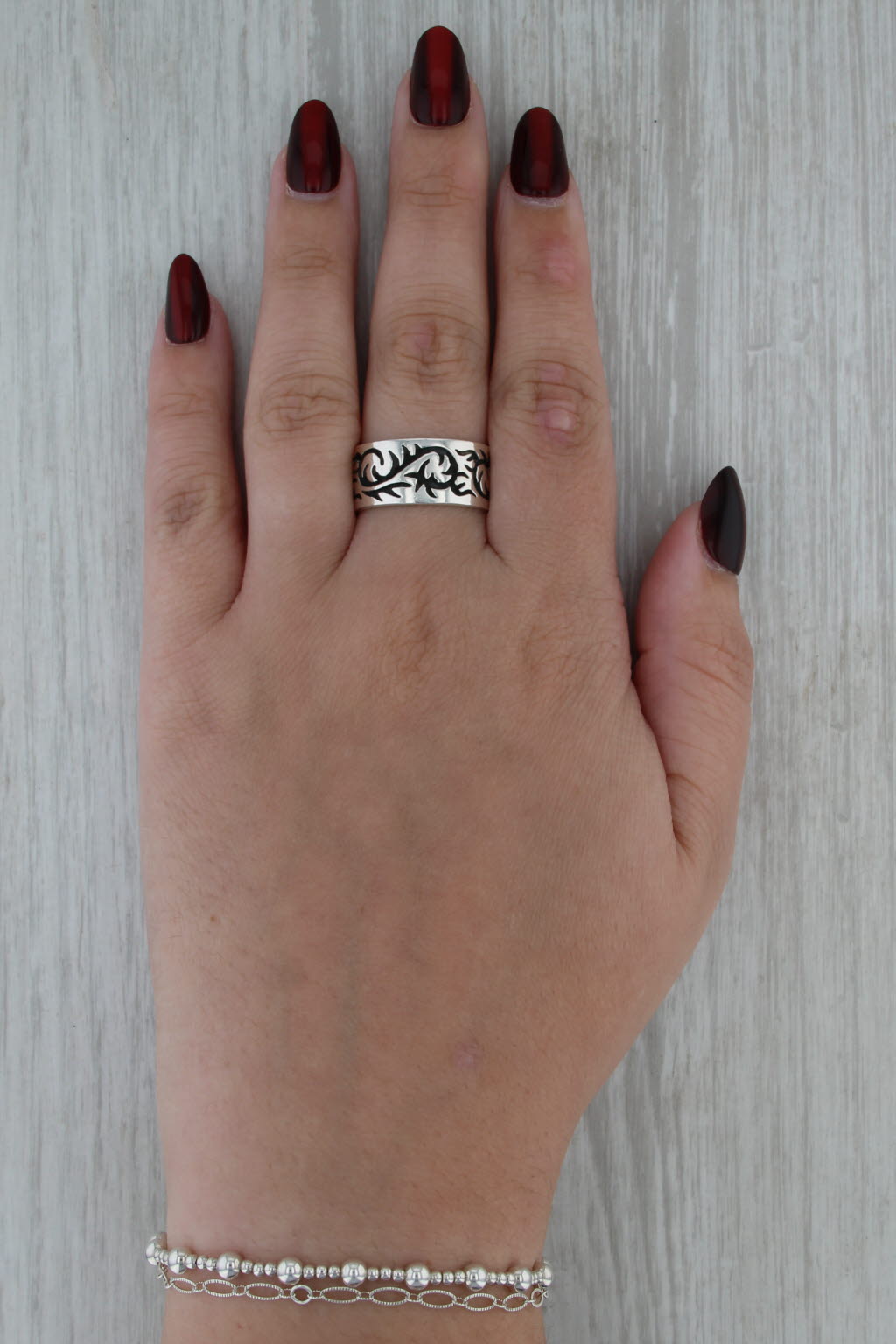 Ornate Floral Etched Band Ring Sterling Silver 10mm Size 10.25