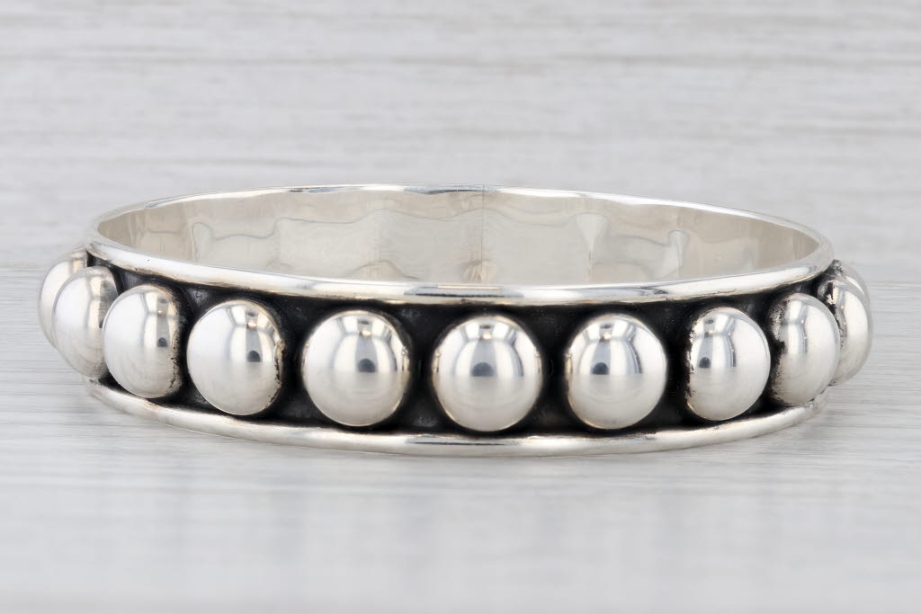 Light Gray Bead Accented Bangle Bracelet Sterling Silver Vintage Mexico 7.75" 14.3mm