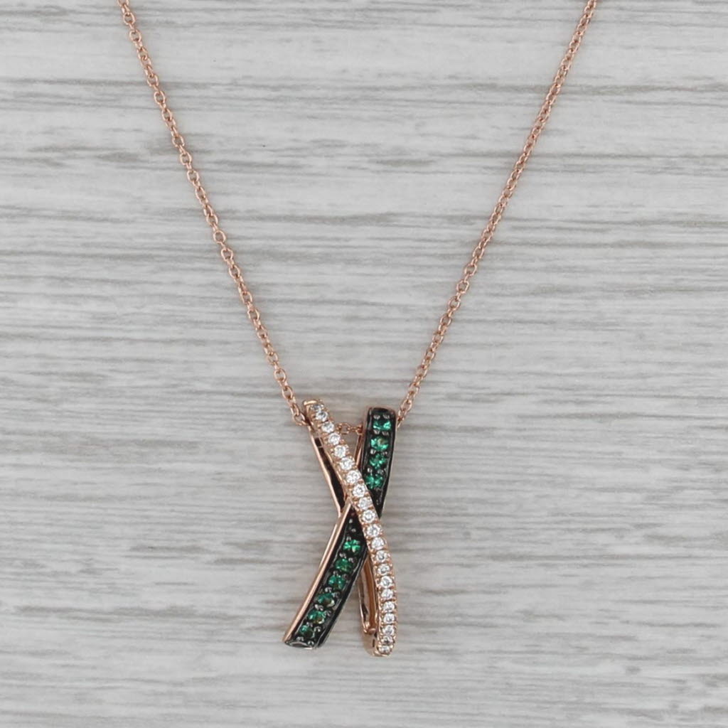 Le Vian 0.28ctw Emerald Diamond X Crossover Pendant Necklace 14k Rose Gold 18"