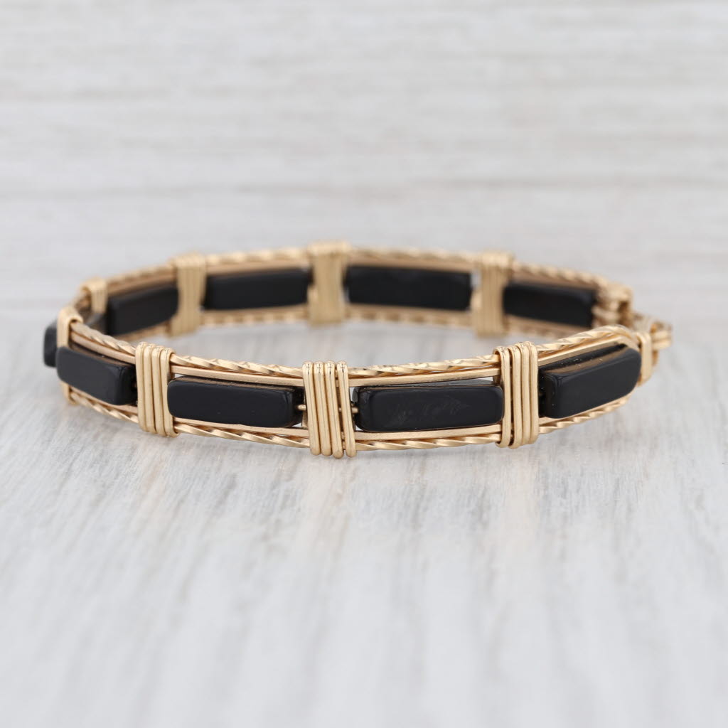 Vintage Onyx Wire Wrap Bangle Bracelet Yellow Gold Filled 7.25" 9.5mm Hook Clasp