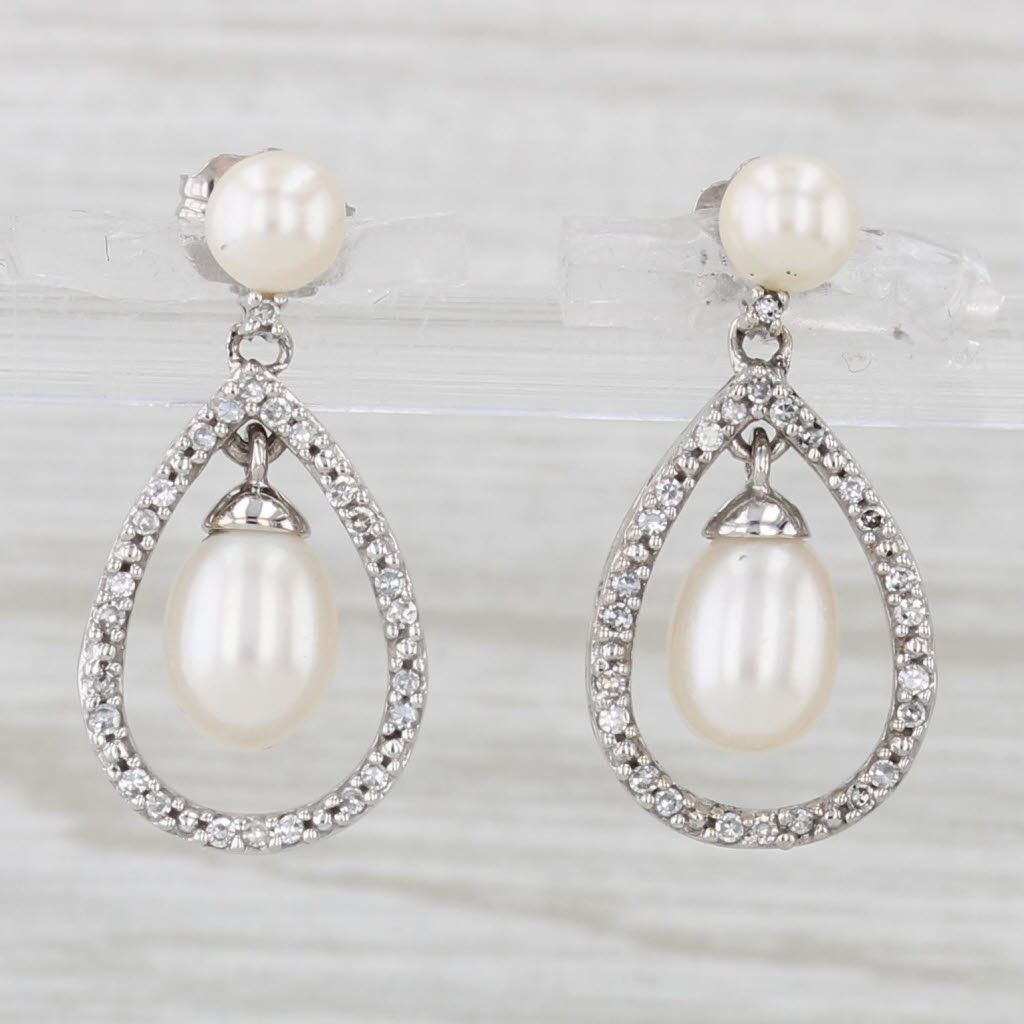 Light Gray Cultured Pearl Diamond Teardrop Earrings 14k White Gold
